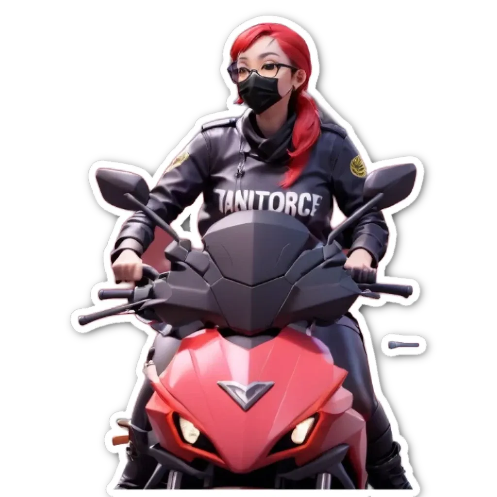 A woman wearing a black and red jacket is riding a red motorcycle.