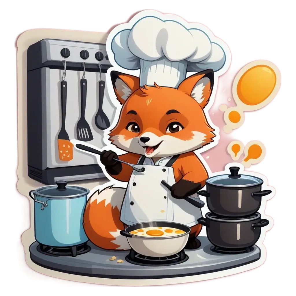 A cartoon image of a fox cooking in a kitchen.