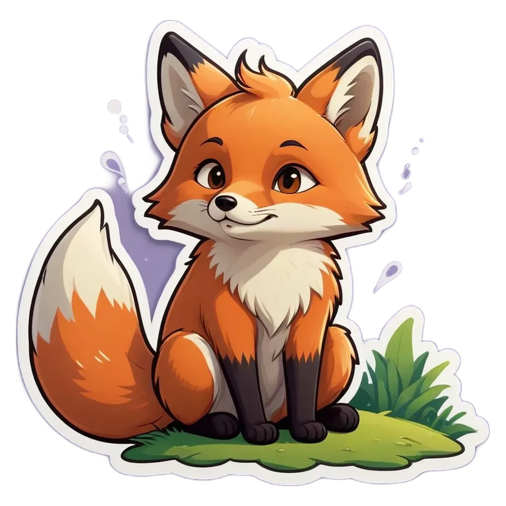 A cartoon image of a fox sitting on the grass.