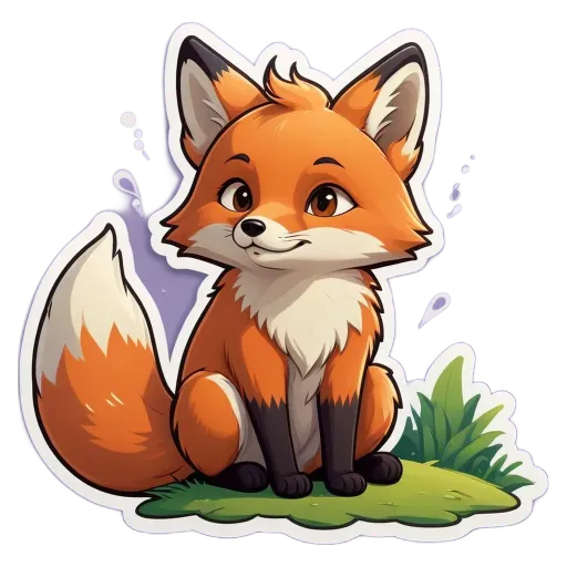 A cartoon image of a fox sitting on the grass.