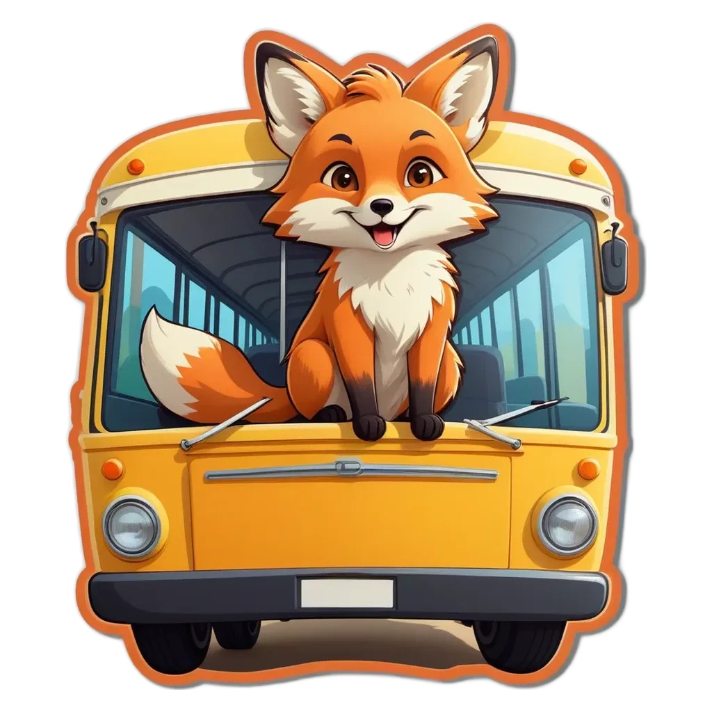 A cartoon image of a fox riding a school bus.