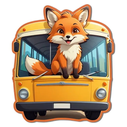 A cartoon image of a fox riding a school bus.