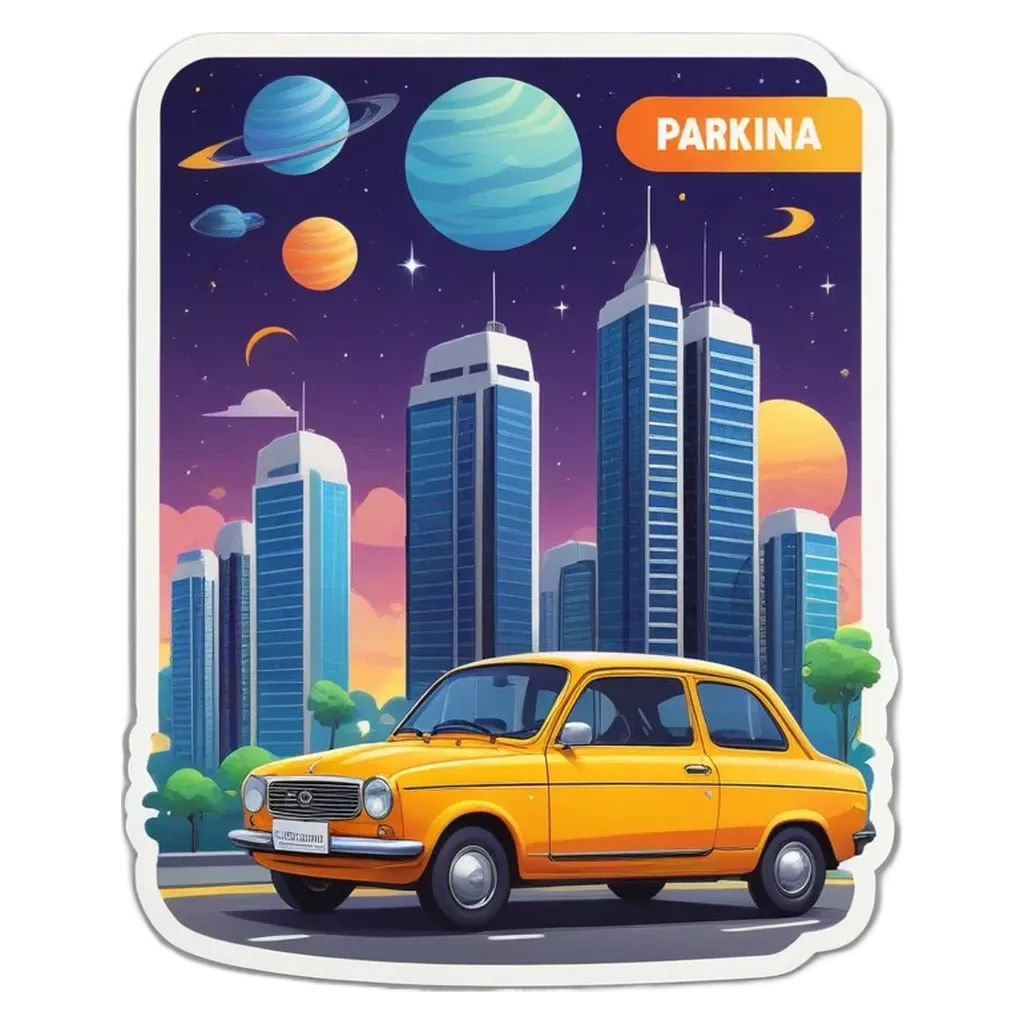 A sticker of a car in space with the word Parkina in a circle.