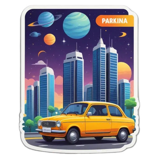 A sticker of a car in space with the word Parkina in a circle.