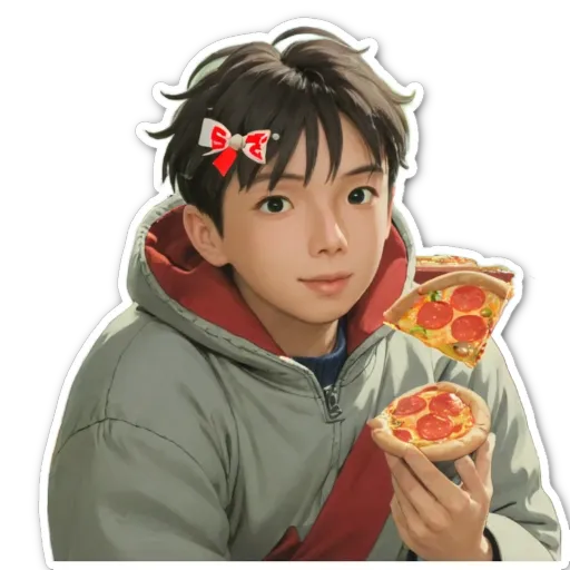 A boy is holding a slice of pizza and wearing a bow in his hair.