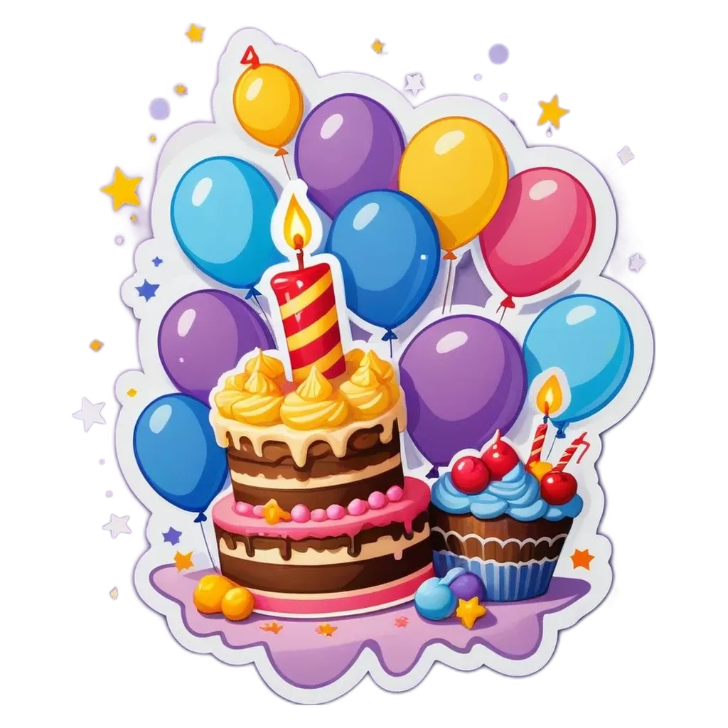 A birthday cake with candles and balloons on a black and purple background.