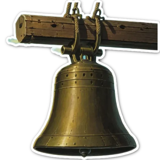 A decorative bell hanging from a wooden frame.