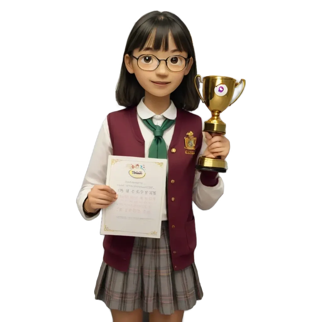 A young girl holding a trophy in her right hand.