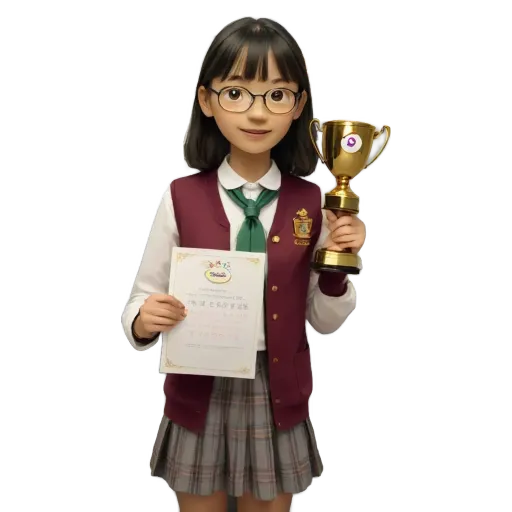 A young girl holding a trophy in her right hand.