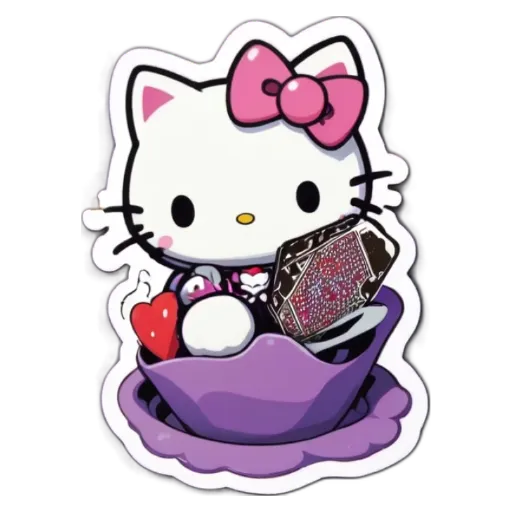 A Hello Kitty cupcake is sitting on a plate with a heart and a rock and two other Hello Kitty items.