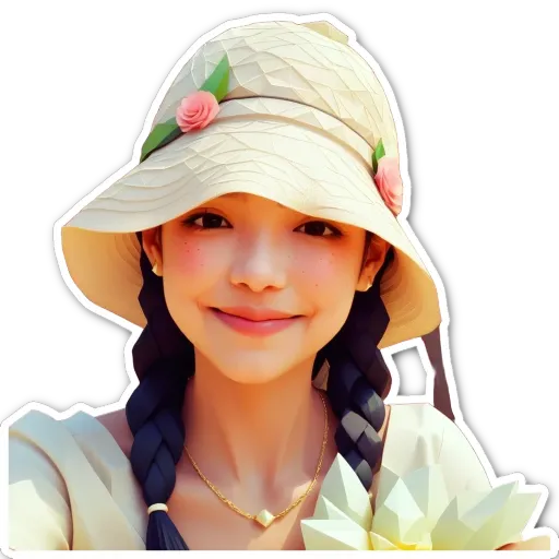 A girl wearing a hat holding a flower is in the picture.