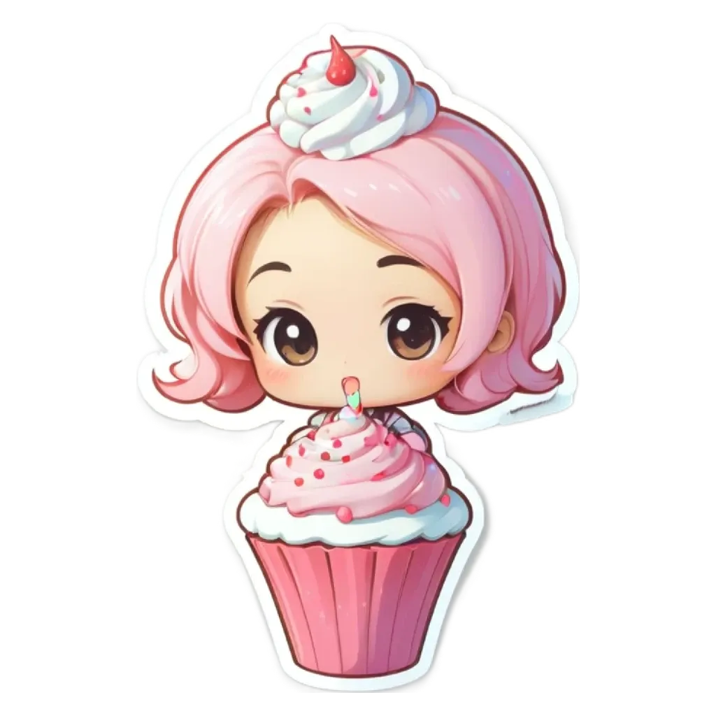 A girl eating a cupcake that is pink and white.