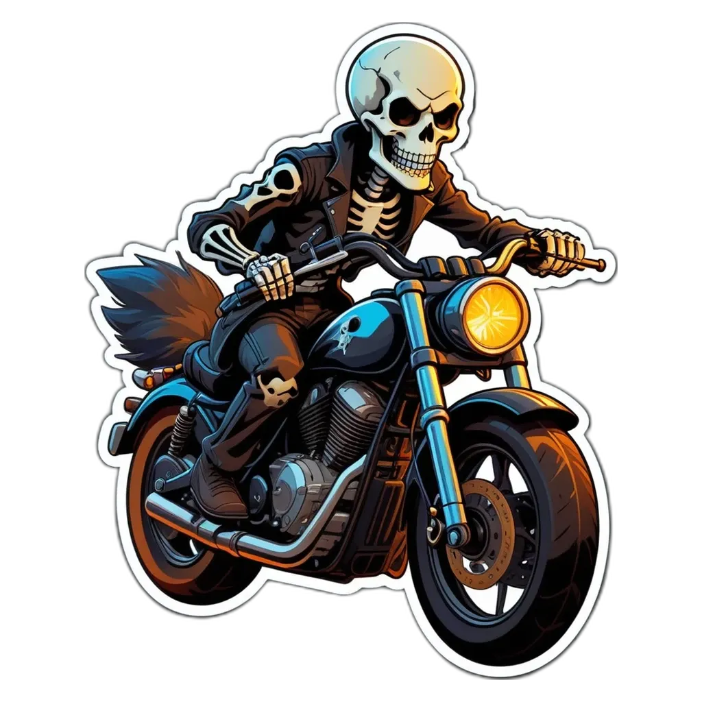 A skeleton on a motorcycle in a black background.