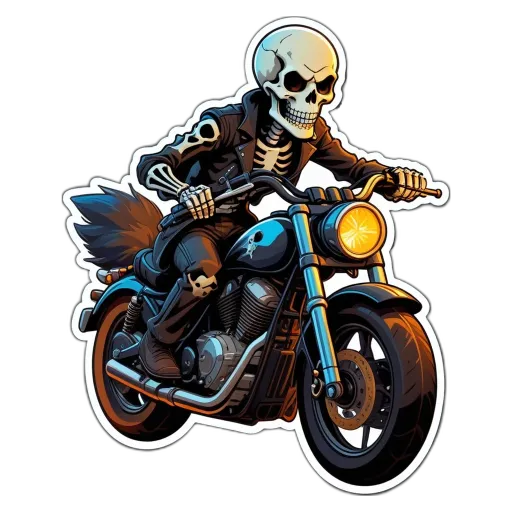 A skeleton on a motorcycle in a black background.