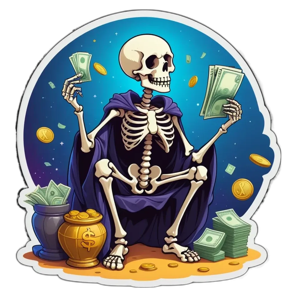 A skeleton holding a bunch of money in his hand.