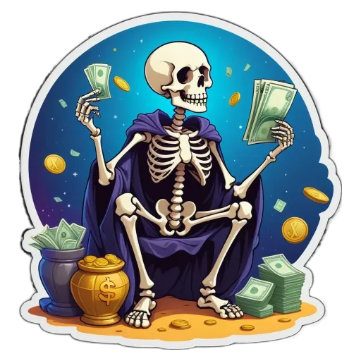 A skeleton holding a bunch of money in his hand.