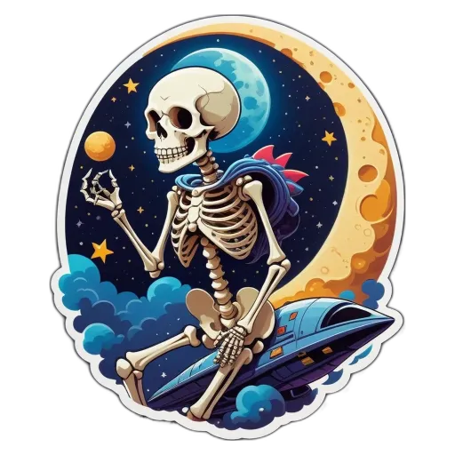 A skeleton riding a ship in space with the earth and moon in the background.