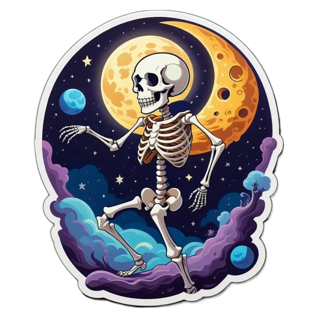 A skeleton dancing under the moon and the stars.