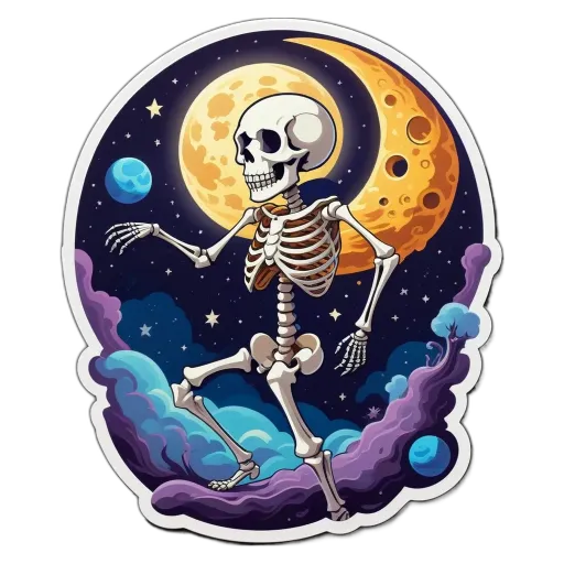 A skeleton dancing under the moon and the stars.