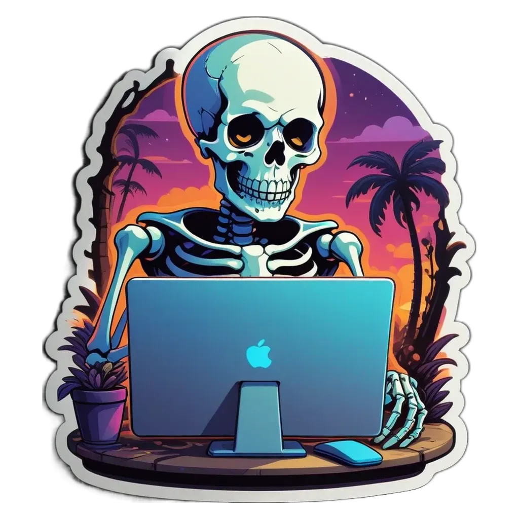 A skeleton on the computer with a beach scene in the background.