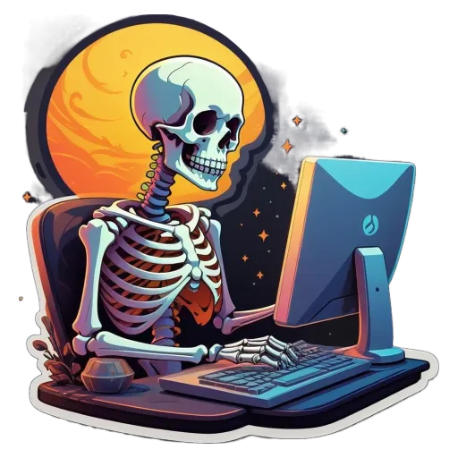 A skeleton using a computer with a black background.