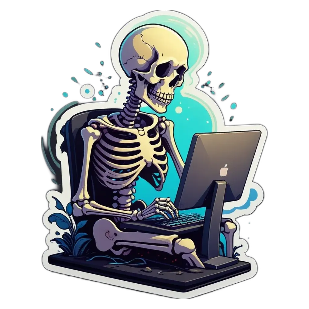 A skeleton using a laptop with a skullmp3t.