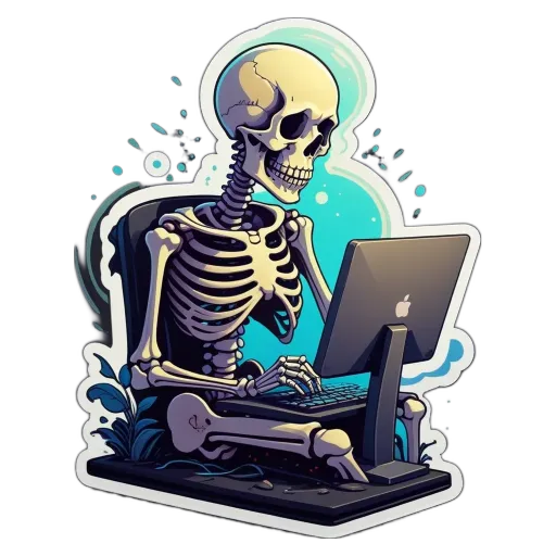 A skeleton using a laptop with a skullmp3t.