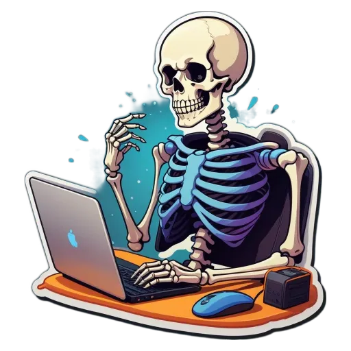 A skeleton using a laptop with a mouse.